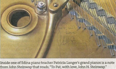 A note inside Pat Langer's grand piano reads, To Pat, with love, John H. Steinway.
